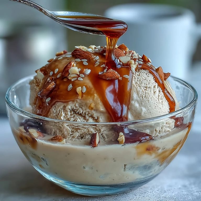 Two scoops of vanilla ice cream topped with hot hojicha, served in clear glasses for dramatic contrast.