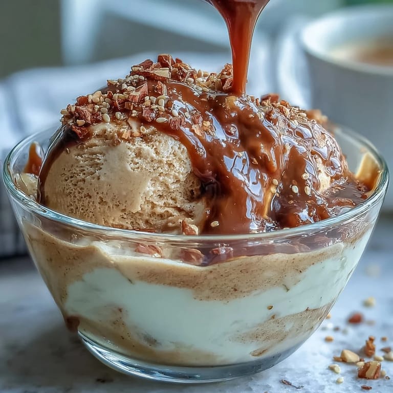 Sweet roasted hojicha poured over vanilla ice cream, optionally garnished with toasted sesame seeds or crushed nuts.