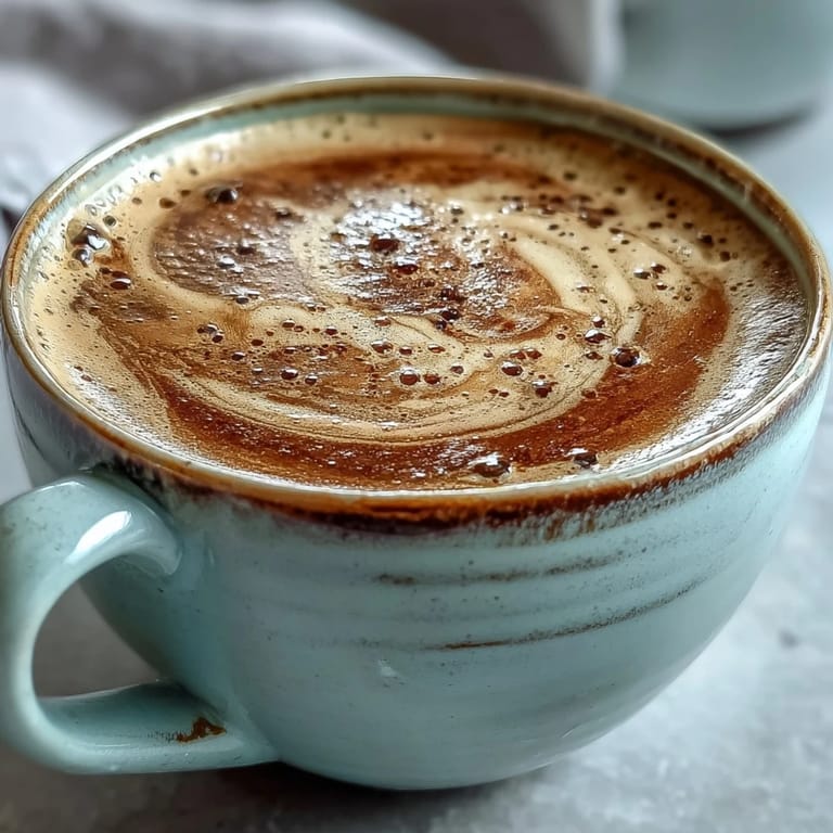 Hojicha Flat White on a wooden counter, garnished with a pinch of cinnamon beside a small bowl of loose-leaf tea.