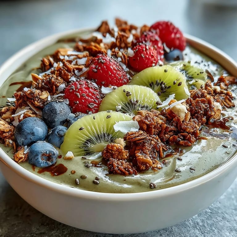 Earthy roasted green tea flavor in a thick hojicha smoothie bowl served with sweet fruit and crunchy toppings.