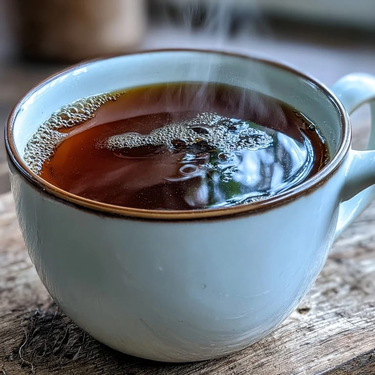 A prepared Hojicha Americano beside loose roasted tea leaves and a bamboo whisk.