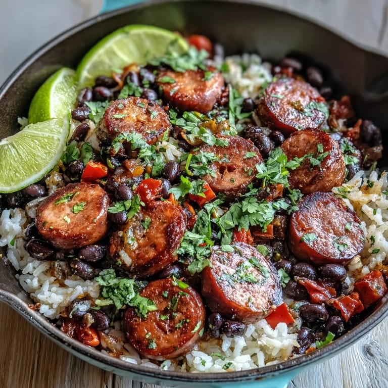 A plated Black Beans, Sausage, and Rice Skillet showing smoky sausage and black beans alongside fluffy rice, with lime wedges on the side.