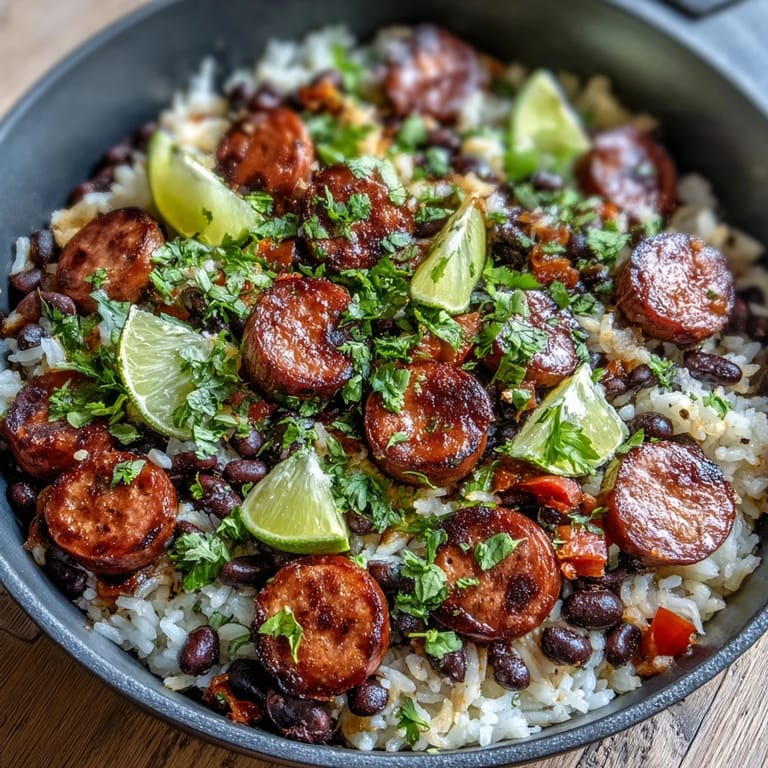 A steaming Black Beans, Sausage, and Rice Skillet served in a rustic bowl topped with cilantro and avocado slices.