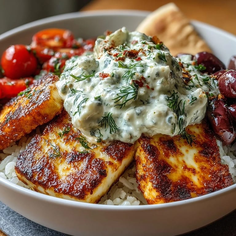 Fresh dill garnishes the savory Greek Halloumi Power Bowl, featuring golden-brown halloumi slices and vibrant Mediterranean vegetables.