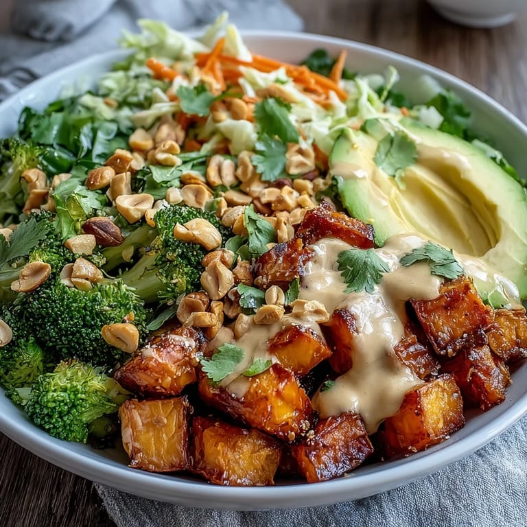 Colorful plant-based Thai Peanut Sweet Potato Buddha Bowl served with shredded cabbage, carrots, and fresh cilantro.