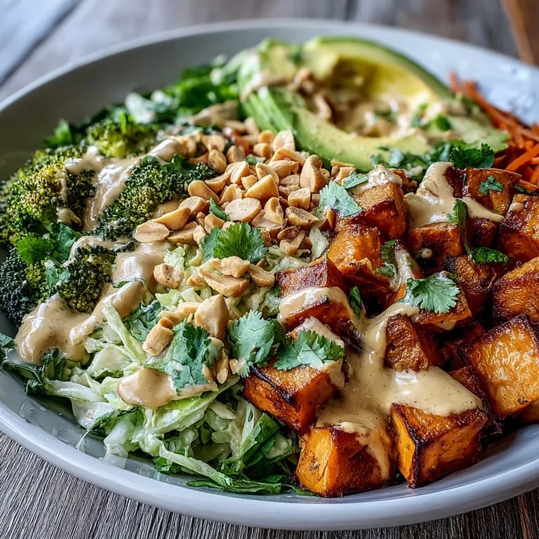 Vibrant roasted sweet potatoes and crisp vegetables in a Thai Peanut Sweet Potato Buddha Bowl with creamy peanut sauce.