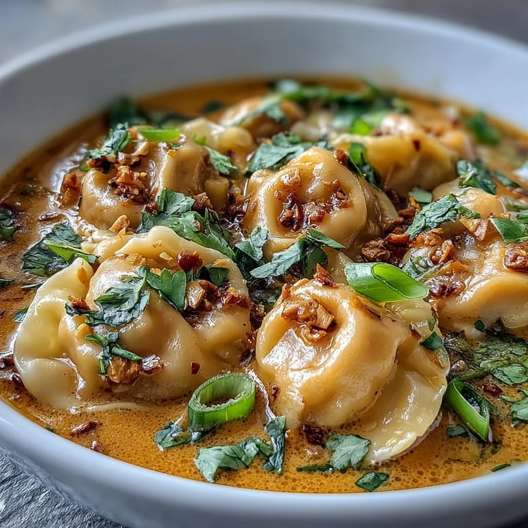 Close-up of Quick Coconut Curry Soup with Dumplings, highlighting tender vegan dumplings in creamy Thai-inspired broth.