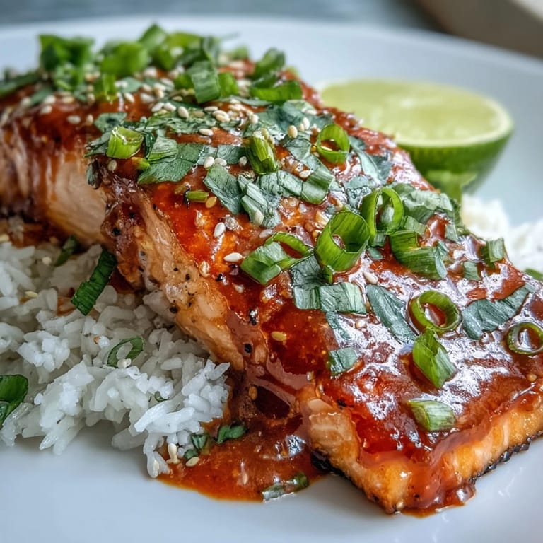 Grilled Bang Bang Salmon fillet drizzled with vibrant pink sauce and sprinkled with scallions, served alongside fluffy white rice.