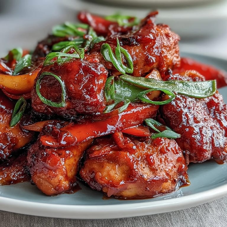 Fork tender Spicy Sweet Chicken Diablo served over fluffy white jasmine rice, garnished with fresh green onions and sesame seeds.