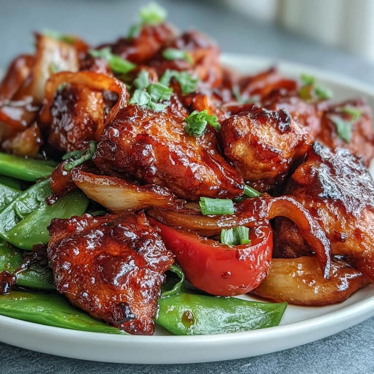 Wok seared Spicy Sweet Chicken Diablo with vibrant red and yellow bell peppers and onions glistening in a sweet spicy glaze.