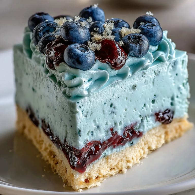 A plated slice of Lemon Blueberry Shortbread Mousse Cake reveals creamy lemon mousse layers and a rich shortbread base. 