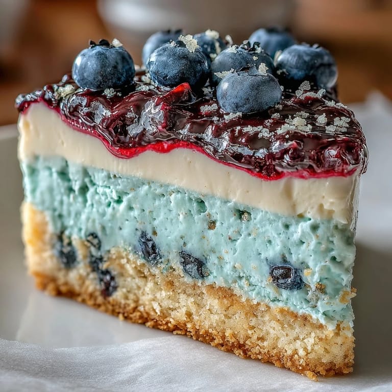 Spoon cutting into the chilled Lemon Blueberry Shortbread Mousse Cake, exposing the tangy lemon mousse and blueberry compote inside.