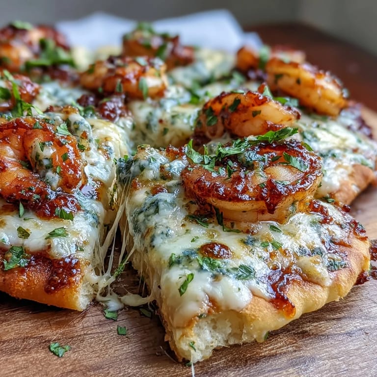 Sizzling Garlic Butter Shrimp Naan Pizzas feature a rich garlic butter sauce and melted cheese, ready to be sliced.