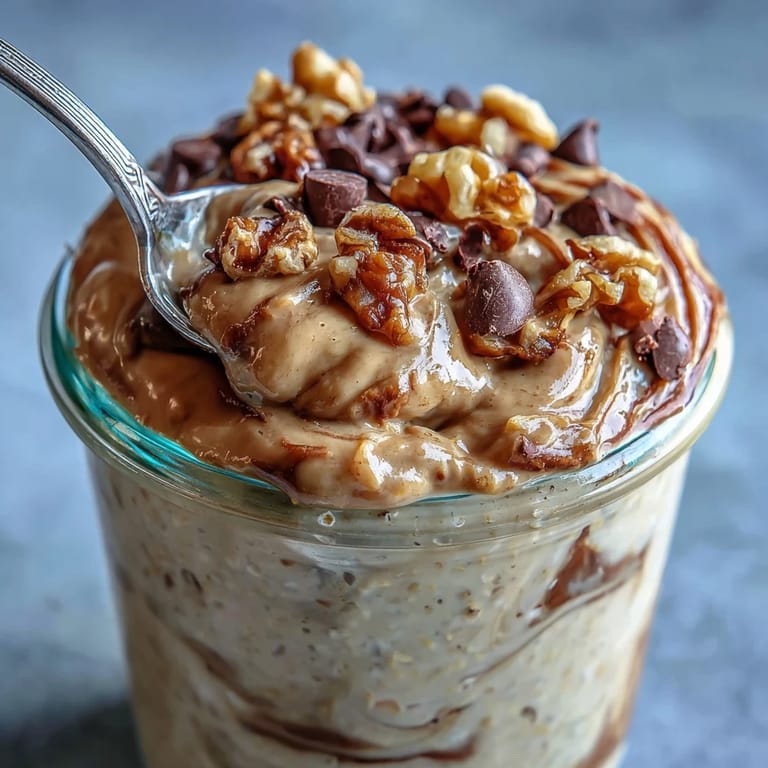 Close up of Chunky Monkey Protein Overnight Oats showing a rich chocolate texture with peanut butter swirls and walnut pieces.