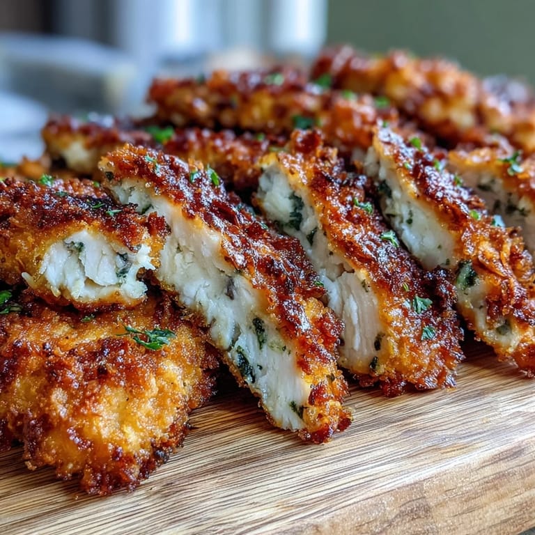 Coated in ranch-seasoned panko, the golden Crispy Panko Ranch Chicken Tenders are arranged neatly on a baking sheet ready to be eaten.