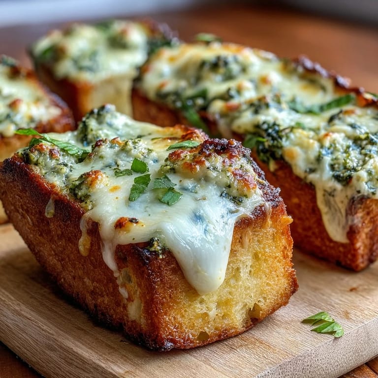 Golden-brown Pesto Chicken Garlic Bread Boats fresh from the oven, filled with bubbly mozzarella.