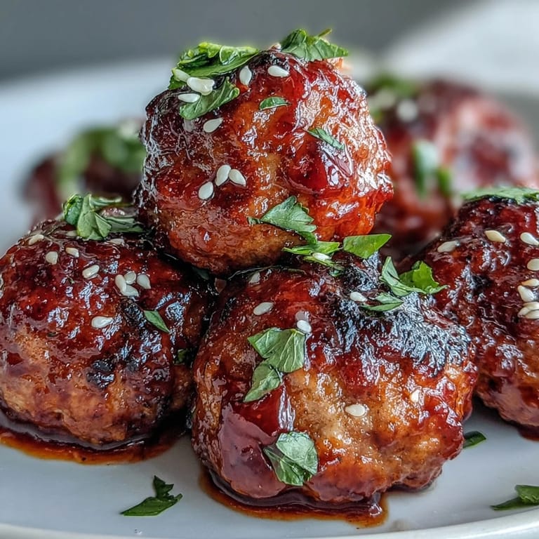 Tender Spicy Chili Honey Turkey Meatballs glazed in a sweet and spicy sauce, served on a white plate with cilantro.