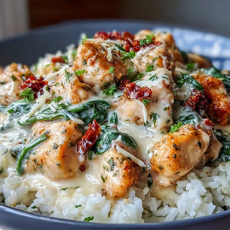 Spoon out a serving of Creamy Tuscan Chicken Rice Skillet, garnished with fresh basil, for a cozy family dinner.