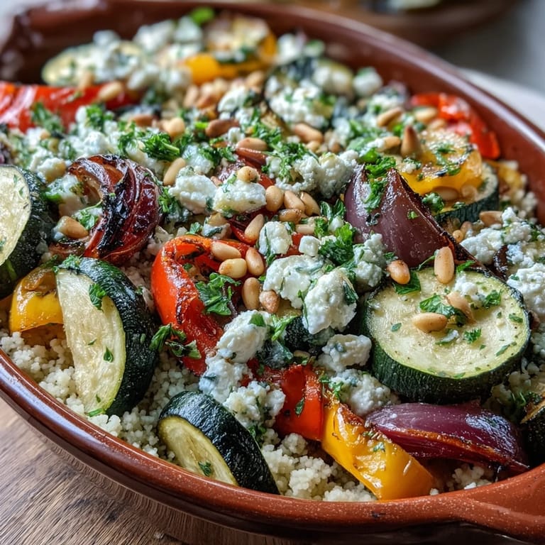 A spoon lifts a generous serving of Roasted Veggie & Feta Couscous Bake, revealing steam rising from the fluffy couscous and tender, roasted vegetables. The creamy feta and bright parsley add a pop of color and flavor.