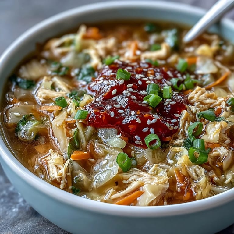 Egg Roll Soup with Chicken & Cabbage served in a rustic bowl with sesame seed garnish.