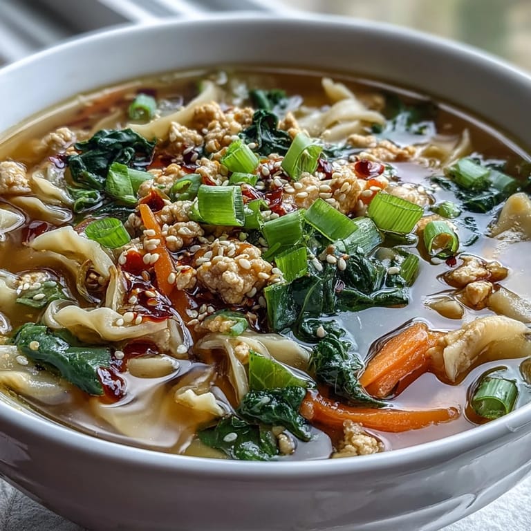 Bowl of comforting Egg Roll Soup with Chicken & Cabbage, featuring tender cabbage, carrots, and fresh green onions.