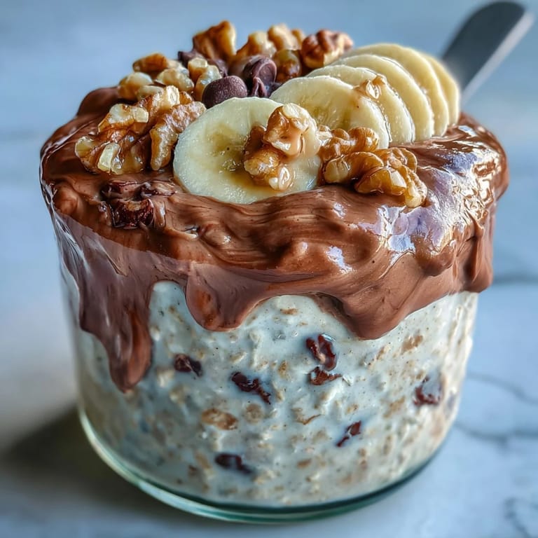 A close-up of Chunky Monkey Protein Overnight Oats topped with chopped walnuts and chocolate chips. 