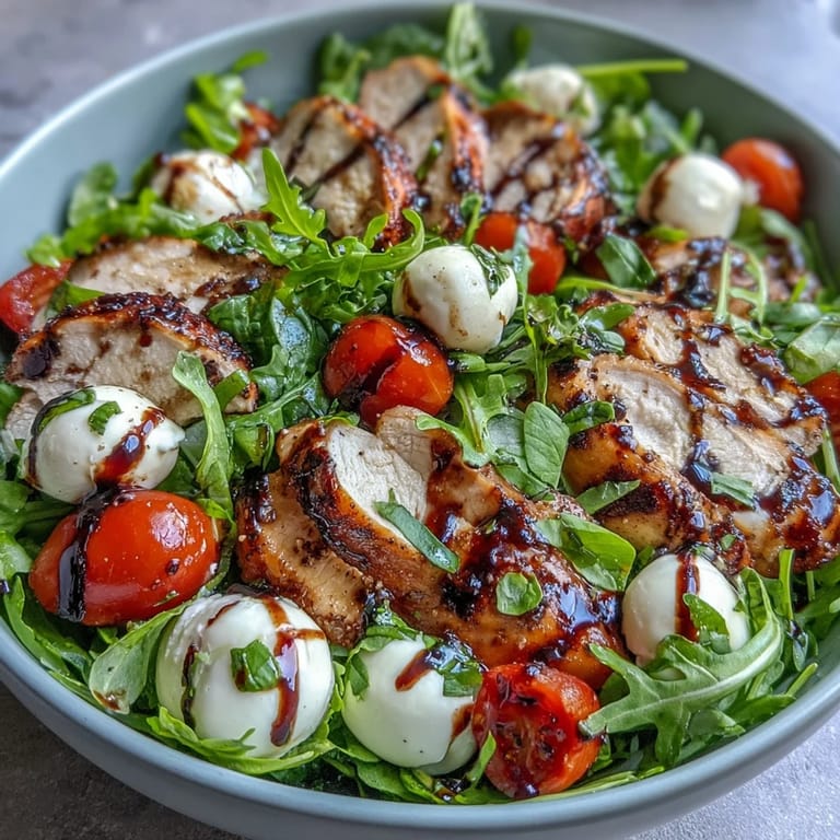 Colorful Grilled Chicken Caprese Bowls featuring ripe cherry tomatoes, torn basil, and a sparkling balsamic glaze over a wholesome grain base.