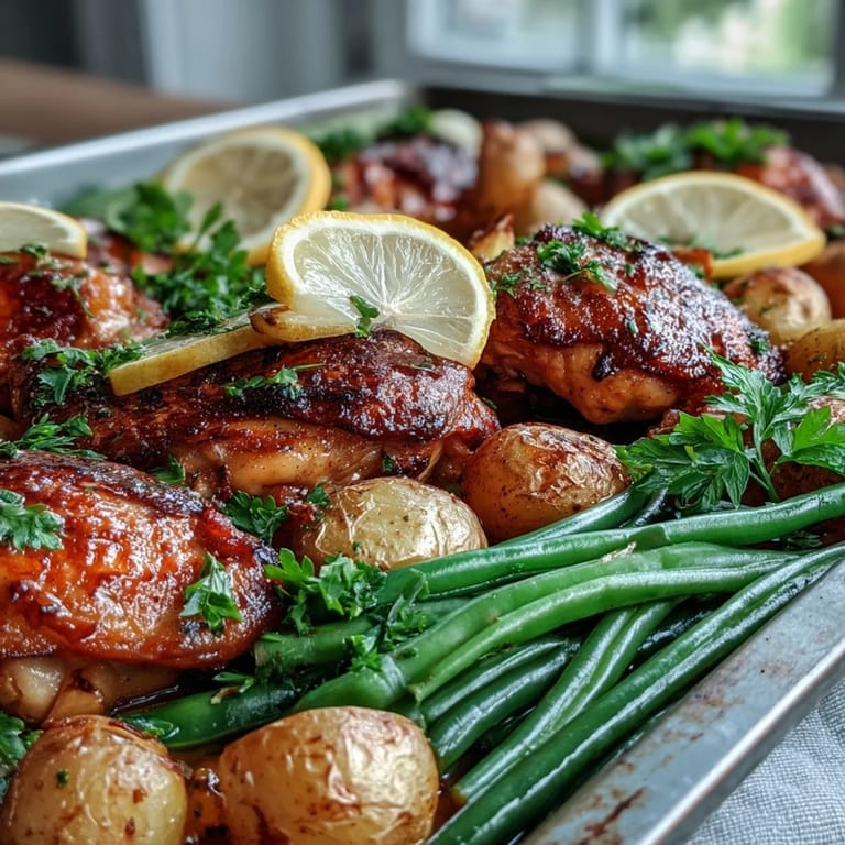 A close-up of Sheet Pan Lemon Garlic Chicken with Potatoes and Green Beans showing juicy chicken and crisp veggies
