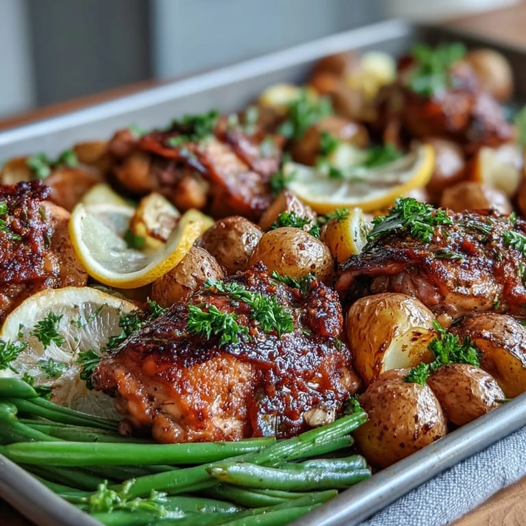 Freshly roasted Sheet Pan Lemon Garlic Chicken with Potatoes and Green Beans garnished with parsley and lemon wedges