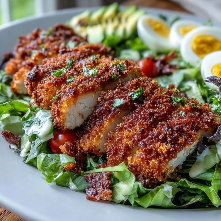 Sliced, extra-crispy Parmesan Crusted Chicken Cobb Salad with vibrant vegetables and blue cheese crumbles, ready to serve for dinner.