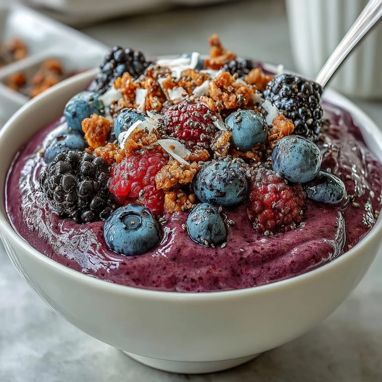Overhead view of a Berry Greek Yogurt Smoothie Bowl with fresh fruit, chia seeds, and granola for breakfast.