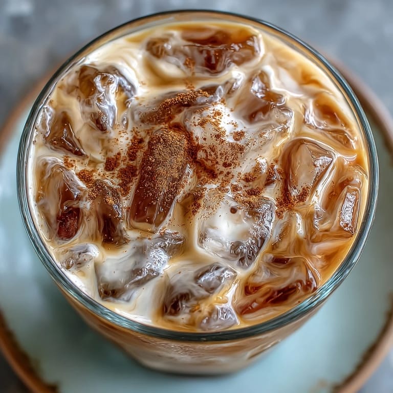 Refreshing Japanese hojicha latte with cinnamon sprinkled on top, perfect for a warm afternoon.  