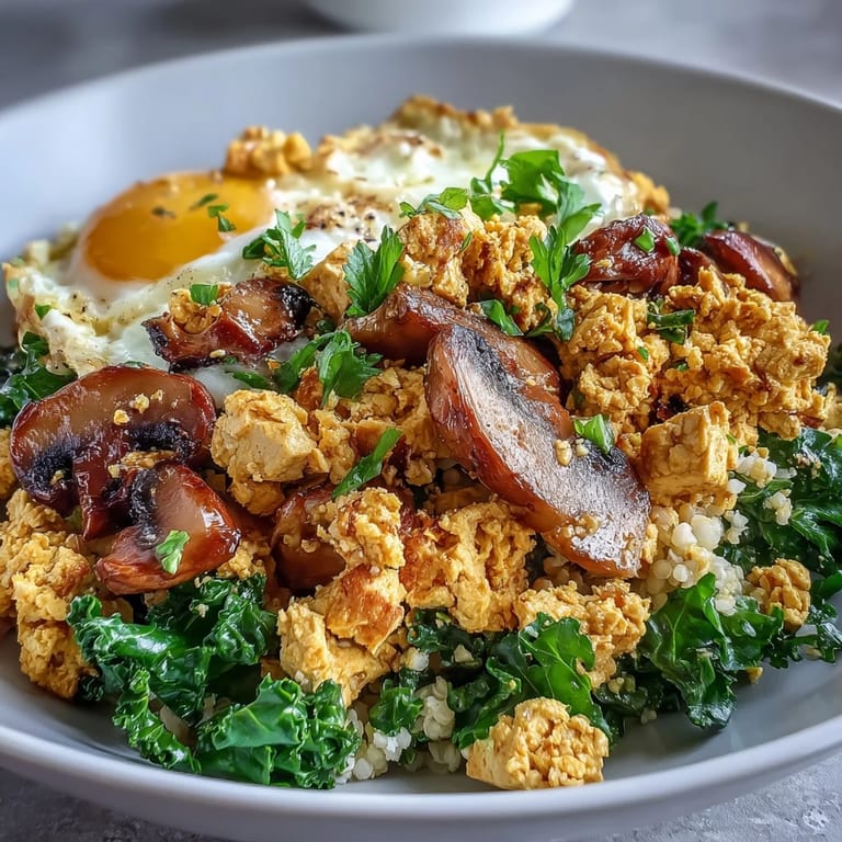 Vibrant breakfast bowl with turmeric-spiced scrambled tofu, sautéed mushrooms, and kale atop nutritious whole wheat couscous for a nourishing start.