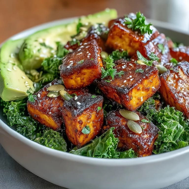 Savory tofu and kale breakfast bowl topped with ripe avocado, green onions, and a sprinkle of nutritional yeast for plant-based goodness.  