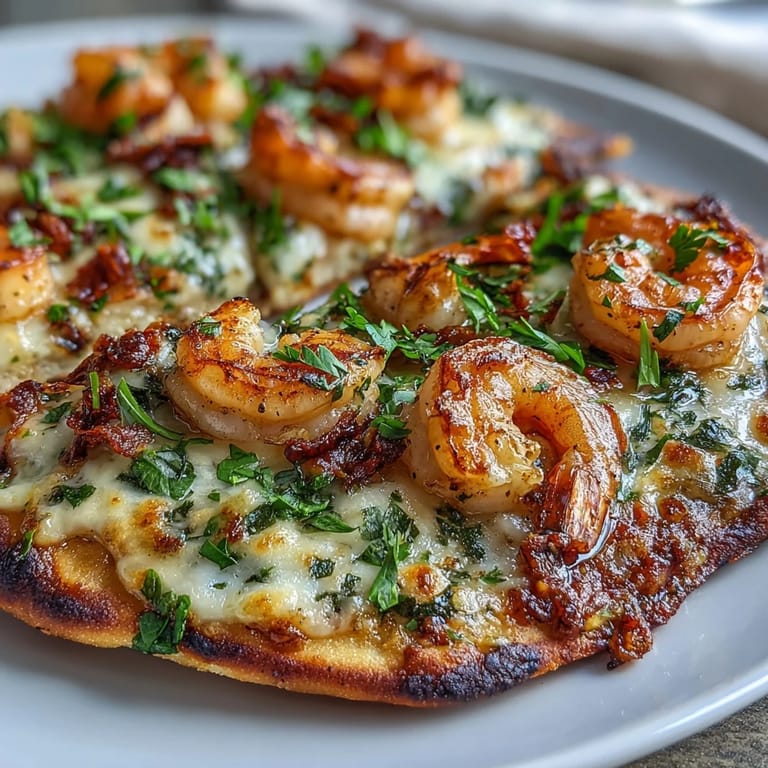 Easy Garlic Butter Shrimp Naan Pizzas with fresh parsley, broiled until cheese is melted and golden.