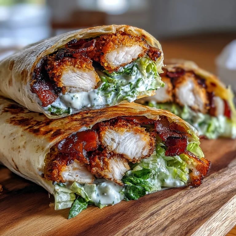 Juicy crispy chicken, smoky bacon, and crisp romaine tossed in Caesar dressing, wrapped snugly in warm tortillas for a hearty meal.
