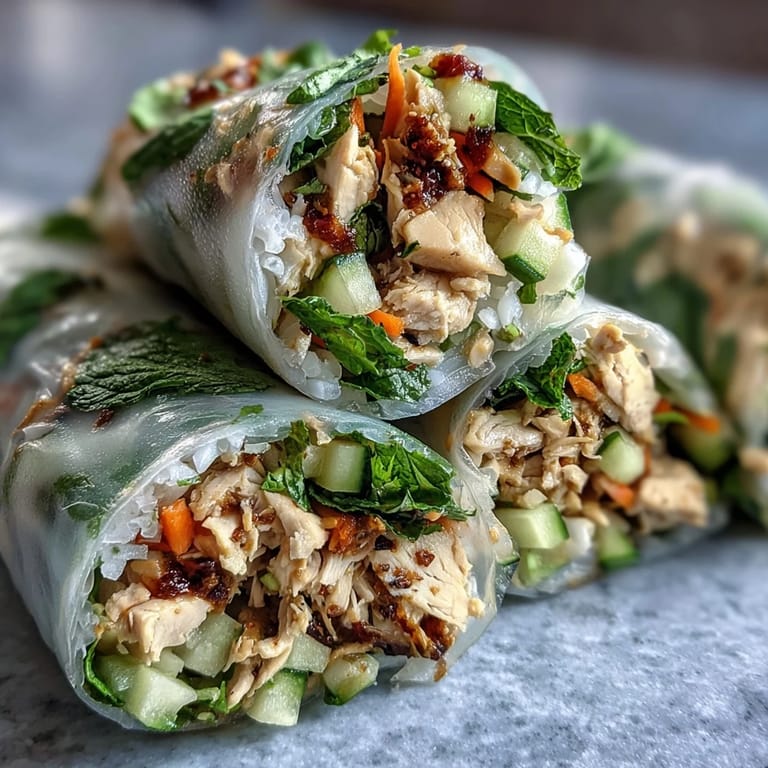 Colorful rice paper rolls filled with crisp vegetables and shredded chicken, paired with a tangy, homemade peanut sauce for dipping.  