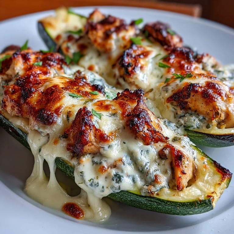 Delicious low-carb zucchini boats baked with creamy garlic sauce and topped with bubbling mozzarella.
