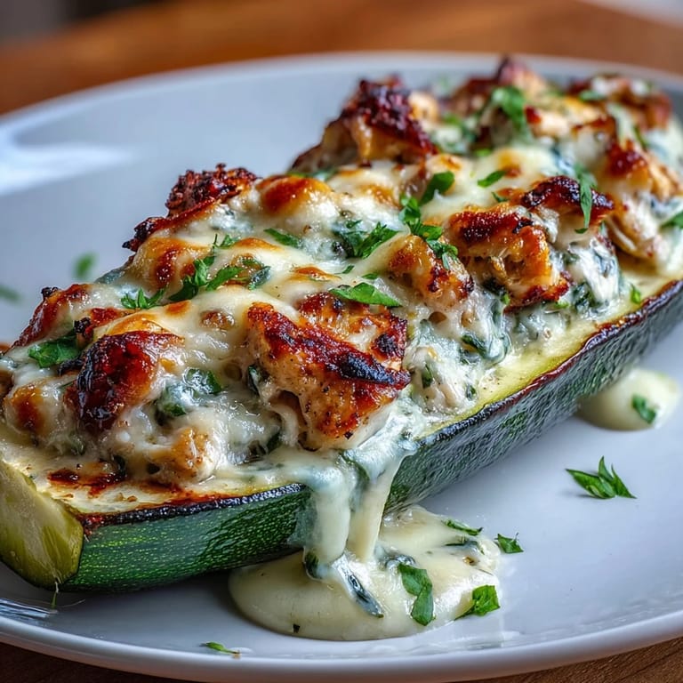 Easy Keto Creamy Garlic Chicken Zucchini Boats served hot, perfect for a satisfying low-carb dinner.
