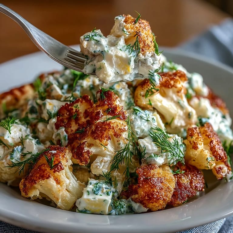 Roasted cauliflower, crisp celery, and pickles tossed with creamy mayo dressing for a low-carb summer side.  