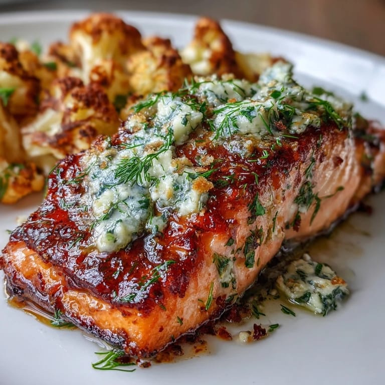 Delicious herb butter salmon fillets paired with crispy roasted cauliflower for a satisfying low-carb dinner.