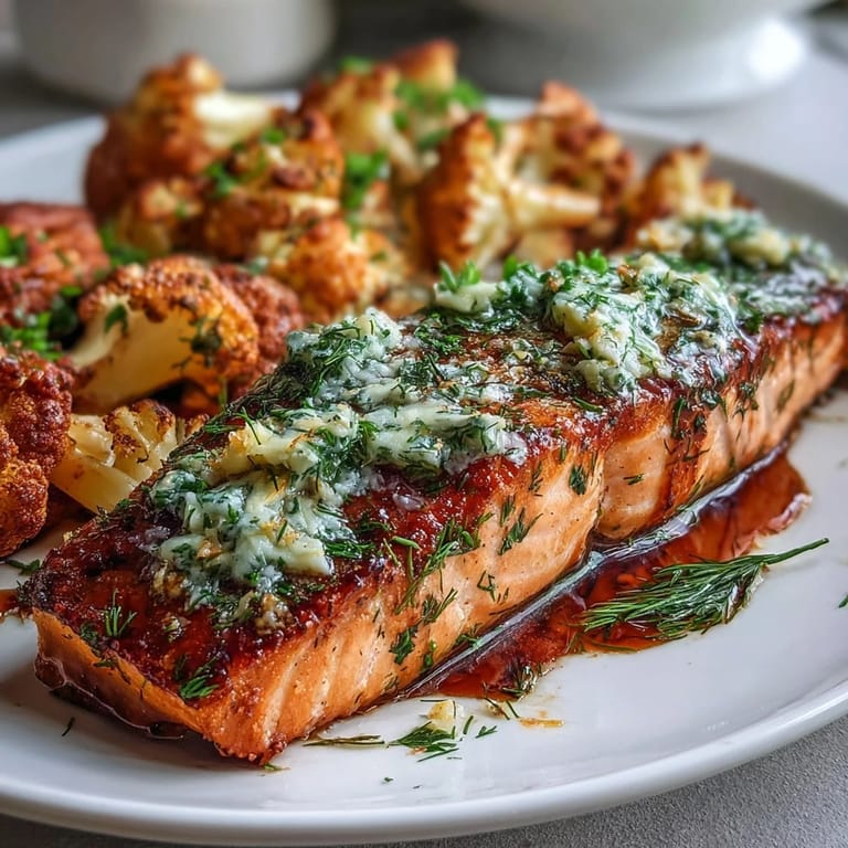 Elegant herb butter salmon and golden roasted cauliflower arranged for a healthy, keto-friendly meal presentation.