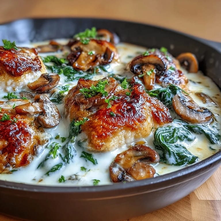 Low-carb chicken skillet with creamy spinach and mushrooms, topped with Parmesan and a hint of nutmeg for a comforting dinner.