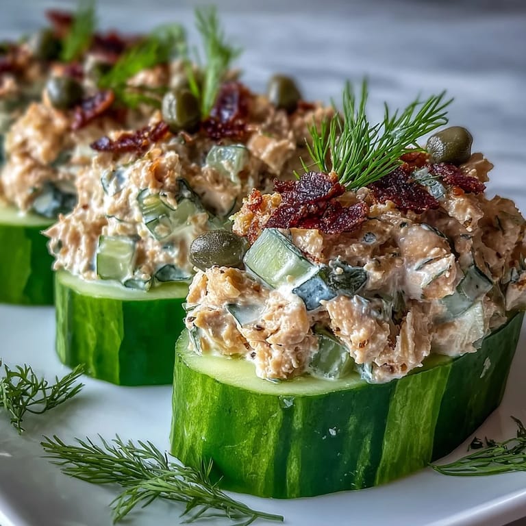 Crisp cucumber halves stuffed with creamy vegan chickpea tuna salad, perfect for a refreshing plant-based snack.