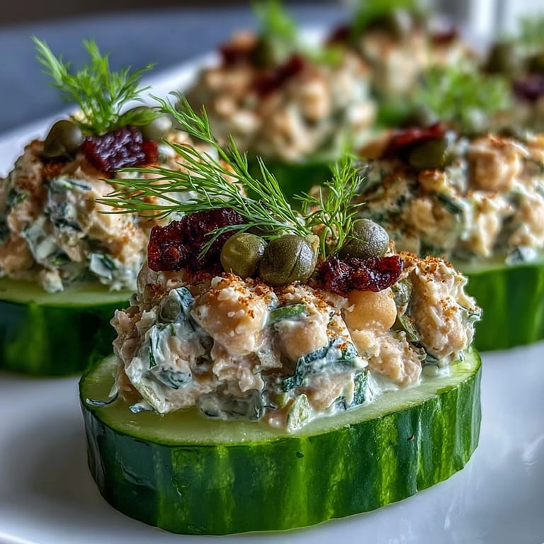 Colorful cucumber boats brimming with tangy vegan chickpea salad, ideal for a gluten-free, high-protein appetizer.