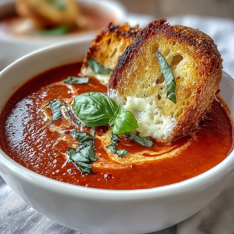 Rich tomato basil soup with coconut milk, paired with crispy garlic sourdough bread dippers.