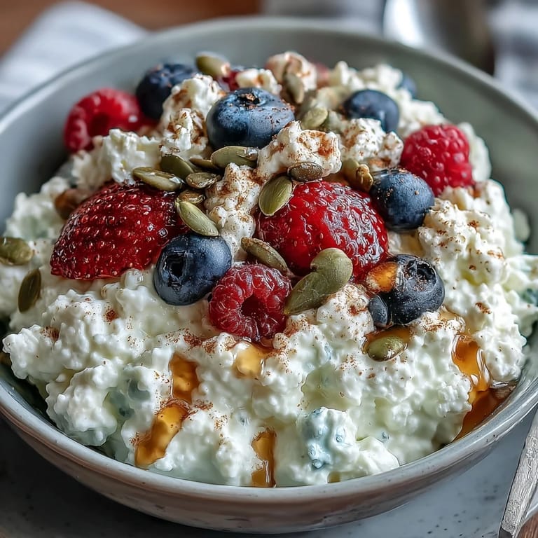 A protein-rich cottage cheese berry bowl with colorful fresh fruit and a crunchy seed topping, perfect for a light breakfast or midday pick-me-up.