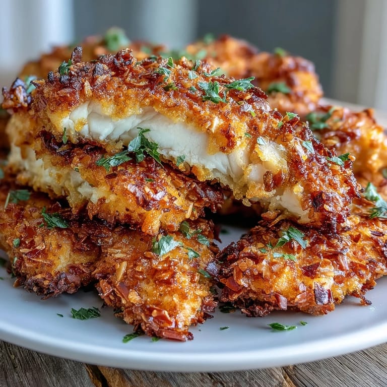Golden Parmesan-crusted chicken tenders with crunchy almond coating, paired with fresh cabbage and carrot ranch slaw for a keto-friendly meal.