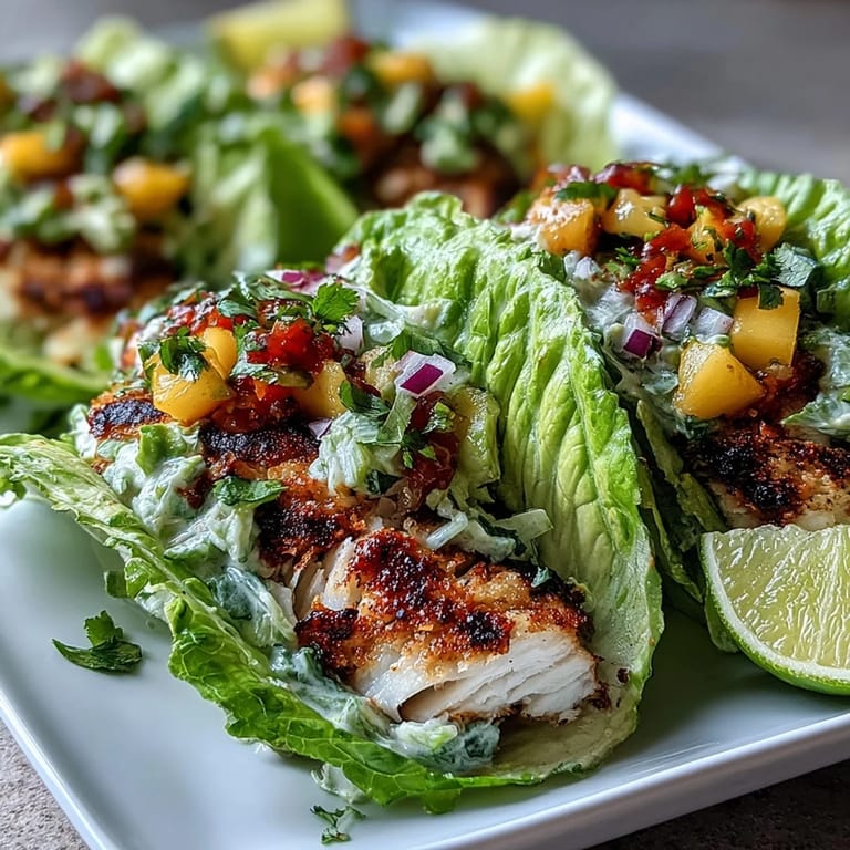 Zesty grilled fish with vibrant mango salsa wrapped in lettuce leaves, a refreshing gluten-free taco option.