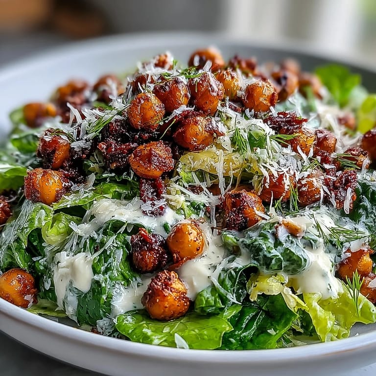 Fresh romaine lettuce meets smoky roasted chickpeas and velvety cashew dressing in this plant-based Caesar salad delight.